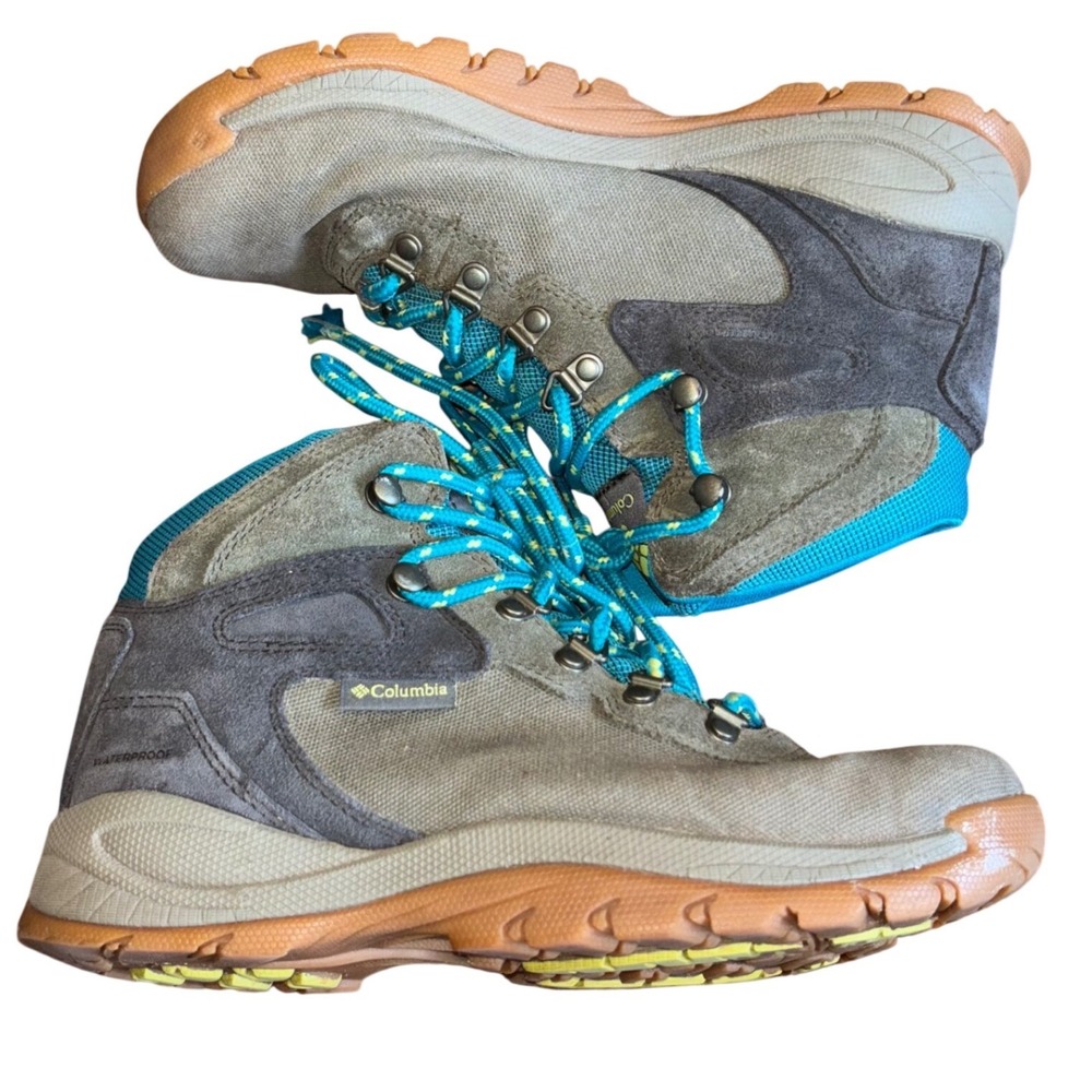 Columbia Waterproof Hiking Boots Womens Grey Teal Suede Mesh Trail Shoes Sz 8